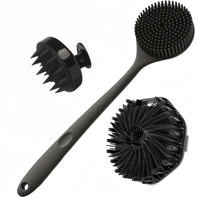 Portable Wall-Mounted Silicone Shower Brush Set, Scalp Cleaning Brush, Long Handle Body Brush, 3 Piece Bathroom Accessories Kit, Shower Bath Tool, Shower Body Scrubber, Bathing Accessory, Bathroom Supplies