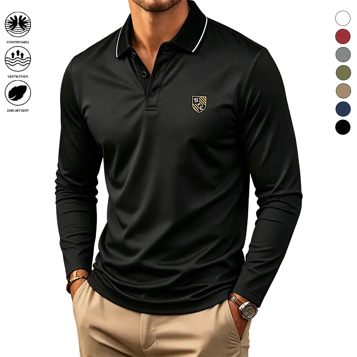 Men’s Casual Long-Sleeve Collared Polyester Shirt - Menswear Top, Stretchy Slim Fit, Breathable Lightweight Durable Fabric, Premium Style for Autumn Winter Outdoor Sports & Business, Casual Shirt