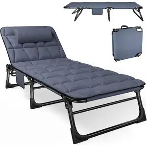 Folding Camping Cot for Adults with Padded Mattress and Pillow, Adjustable Reclining Lounger Sleeping Cot Bed, Ideal for Camping, Travel, Garden, or Office Use, Blue
