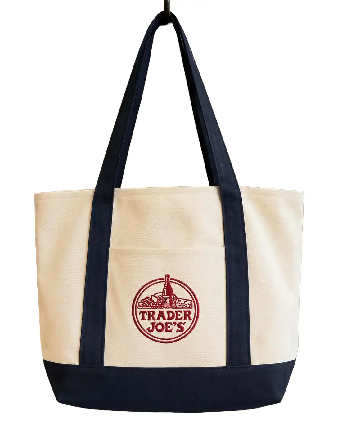 Trader Joe's Canvas Tote Bag with Logo, Black Handles, and Black Bottom, Ideal for Grocery Shopping