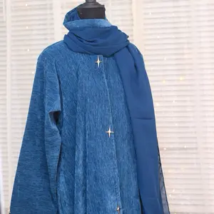 Abaya - Blue Hooded Jacket with Star Embroidery and Matching Scarf for Women