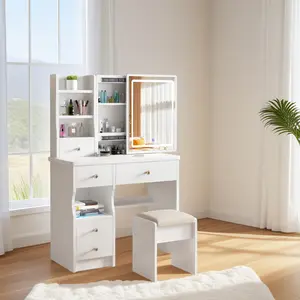 Vanity Table with Hidden Storage & LED Mirror   & Power Outlet, 3 Lighting Modes,Makeup Table with Drawers & Storage Stool, White