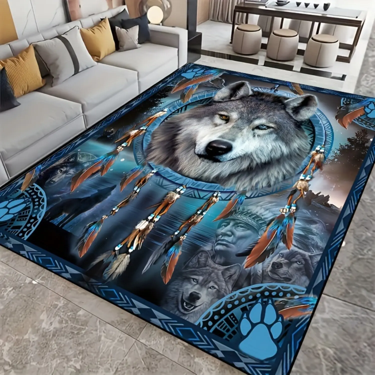 Native American Wolf Dreamcatcher Large Area Soft Diatomite Floor Mat High Quality Soft Diatomite Material Carpet Easy To Clean, Non Slip Soft Diatomite Quick-Dry Rug Suitable for Laundry Rooms, Bathrooms, Kitchens, Living Rooms and Corridors Home Decor