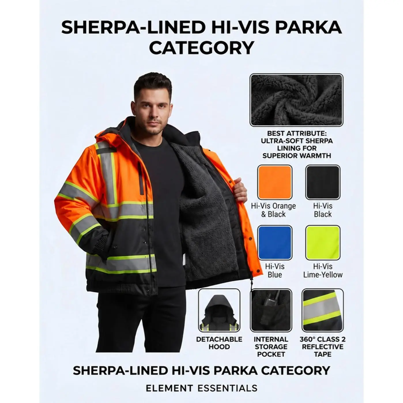 Sherpa-Lined Hi-Vis Parka Category Waterproof Jacket with Reflective Lining SJ777