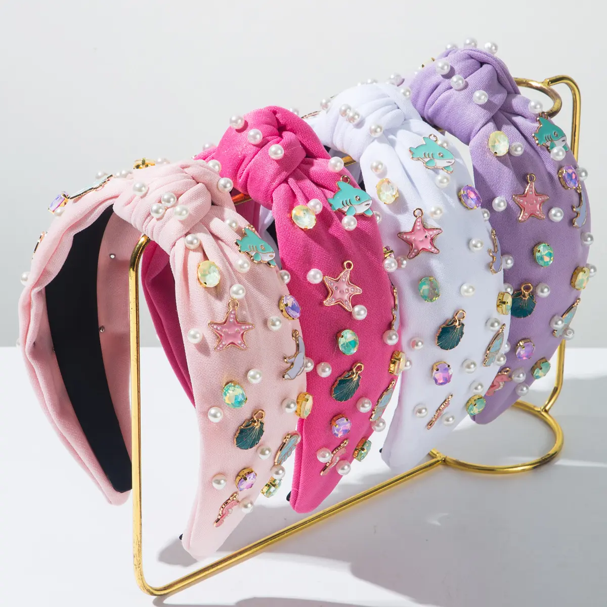 Ocean Headbands for Women Girls Starfish Seashell Jellyfish Fish Decor Knotted Headband Pearl Rhinestone Jeweled Hairband Beach Hair Accessories Holiday Gifts for Girls