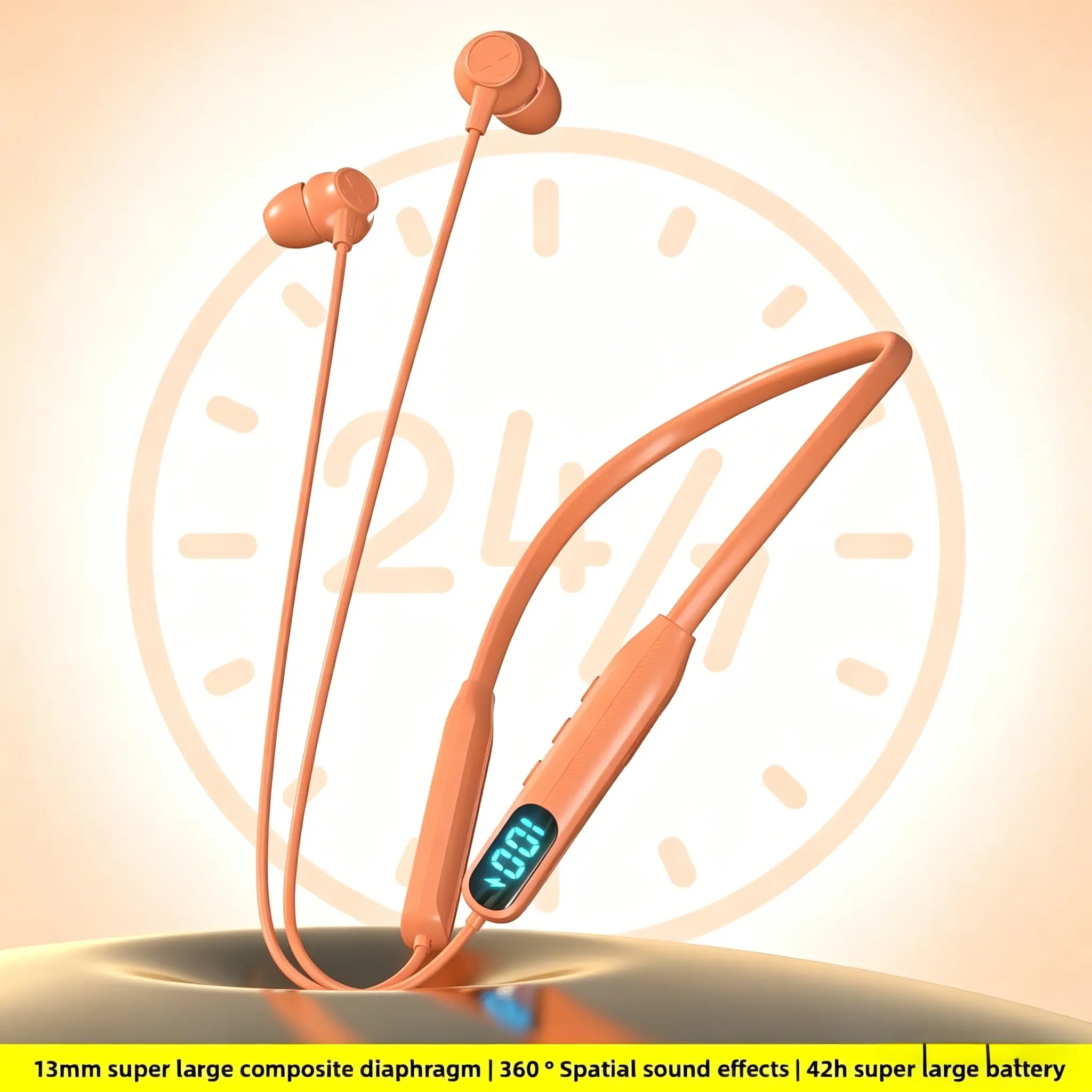 Orange Neckband Wireless Bluetooth Headset - 42-Hour Playtime, 9D Surround Stereo Audio, 13mm Composite Diaphragm, ENC Sound Isolation, Smart Voice Assistant, Type-C Charging, Mobile Hi-Fi Earbuds for iPhone, Laptop