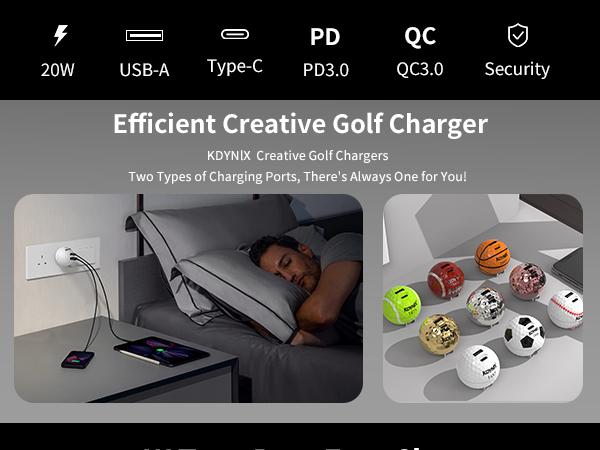 20W Dual Port Golf Ball Charger Block, GaN III Fast Wall Charger with UL Certification, Portable Mini Travel Charger for iOS & Android, Creative Sports Gift for Golf Lovers, USB-C & USB-A Power Adapter