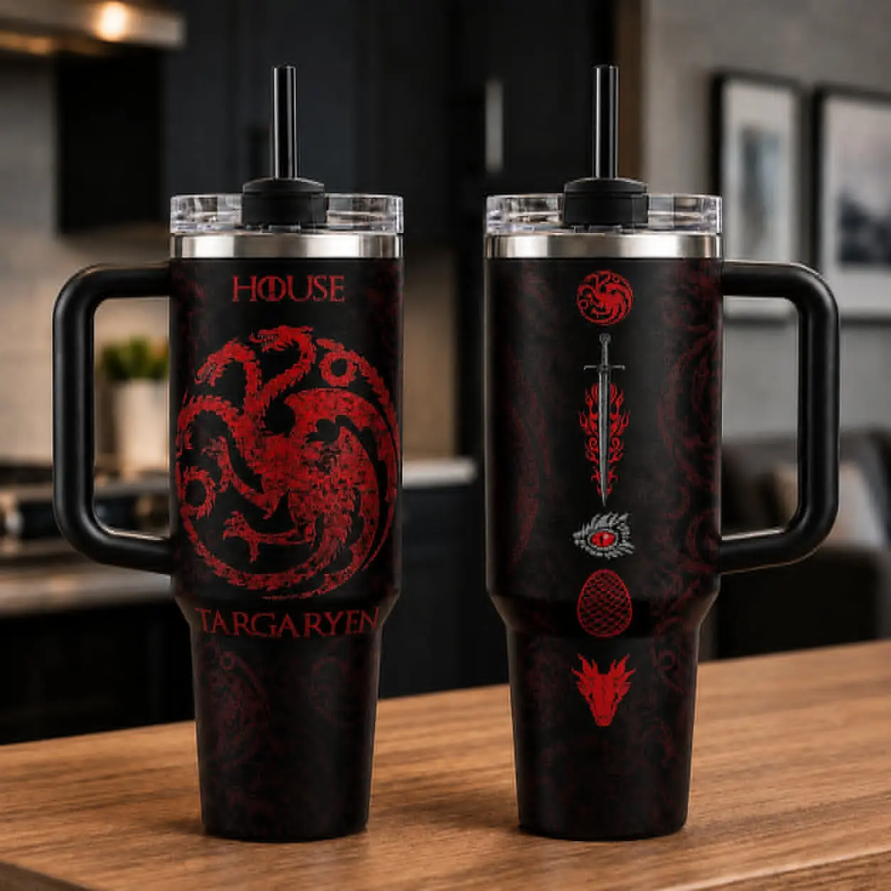 House Targaryen 40oz Tumbler, Game of Thrones Dragon Fan Travel Mug, Red and Black Fantasy Series Cup with Black Handle