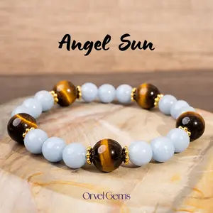 8mm Angelite Crystal with 10mm Yellow Tiger’s Eye Crystal Bracelet – Crystals for Relaxation, Inner Peace, Strength & Daily Protection