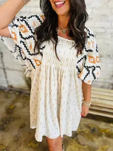 Women's All Over Print Shirred Dress, Boho Fashion Square Neck A Line Short Dress for Daily Holiday Vacation Wear, Ladies Dress for All Seasons