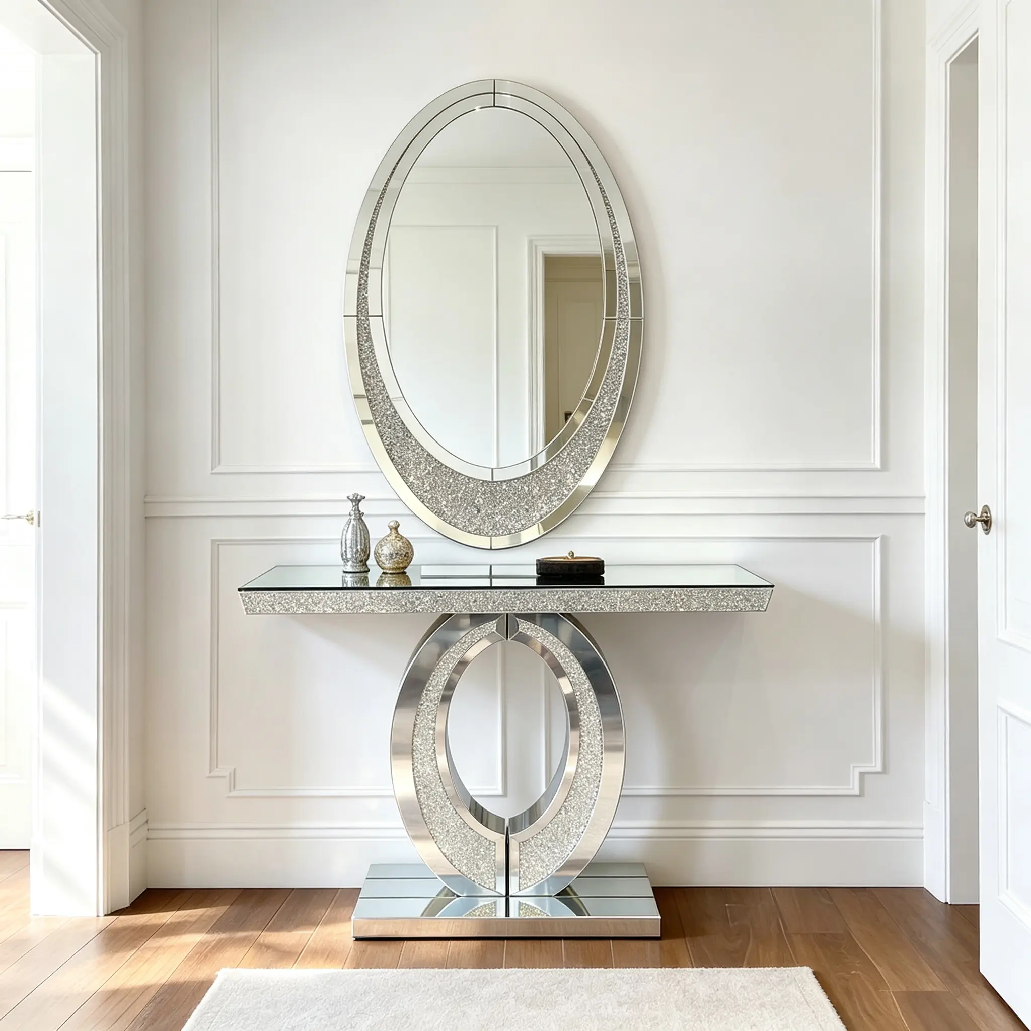 Large Silver Mirrored Crushed Diamond Console Table - Classic Modern Handcrafted Rectangle Engineered Wood Accent Center Table, Reflective Surface, Assembly Required for Entryway, Bedrooms