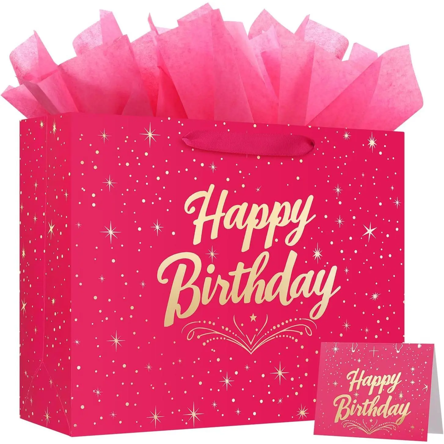 13" Pink Happy Birthday  Bag with Greeting Card and Tissue Papers, Happy Birthday Bag for Women Girls Party,  Bags Medium size(1 PCS Pink Hot Stamping)