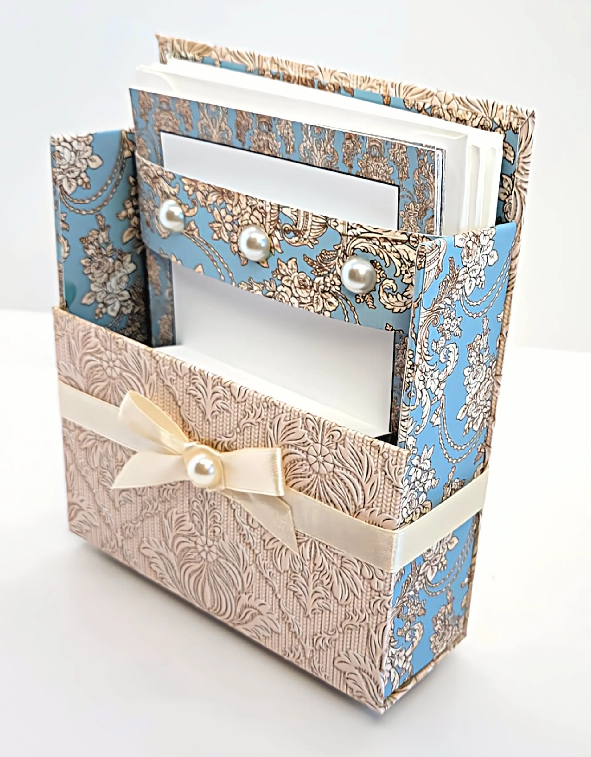 Chic Brico 42-Pc Stationery Gift Box Set w/Reusable Desktop Organizer Box and Gold Pen - Blue & Ivory Lace