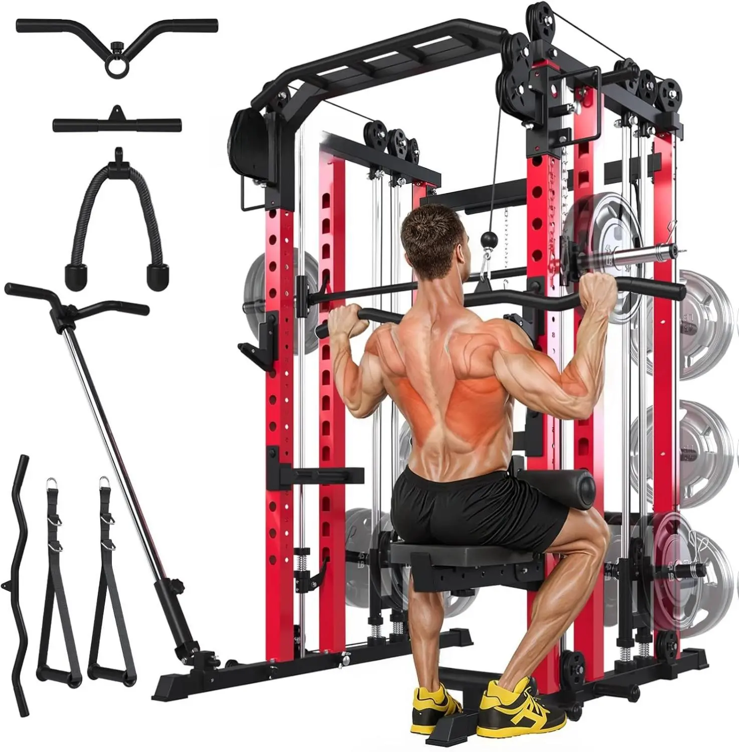 AECOJOY Smith Machine Home Gym with LAT Pulldown, Power Squat Rack Cage 2000lbs All in One Dual Cable Crossover Machine, Strength Training Power Cages with Pulley Workout System, Garage Bench Press