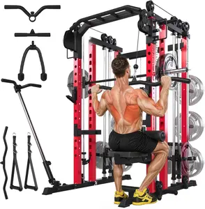 AECOJOY Smith Machine Home Gym with LAT Pulldown, Power Squat Rack Cage 2000lbs All in One Dual Cable Crossover Machine, Strength Training Power Cages with Pulley Workout System, Garage Bench Press