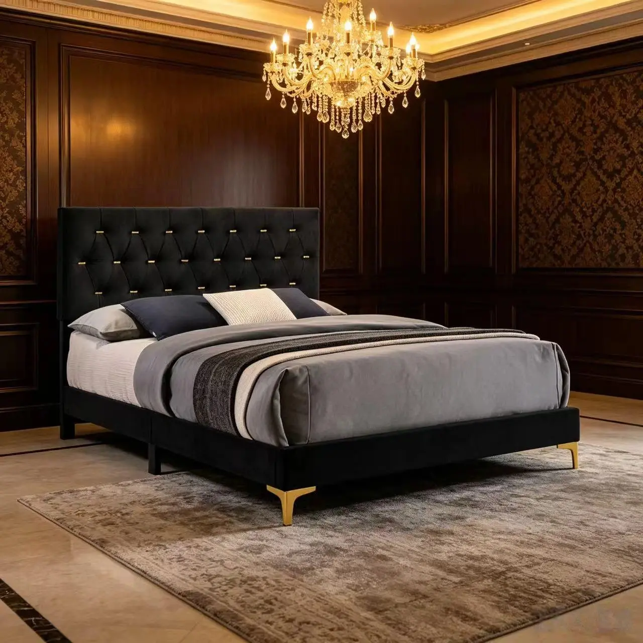 Modern Gothic Glam Queen Size Velvet Elevated Platform Bed Frame - Luxe Headboard Bed Frame with Golden Legs, Tufted Headboard for Luxury Bedrooms, Queen Size Bed, Headboard Bed Frames