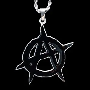 Black Anarchy Necklace - 1.25" Mirror Polished Pendant in Stainless Steel with Black Enamel - Laser Cut Hypoallergenic Jewelry Free Gift Included