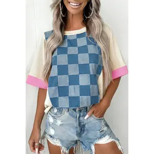 Checkered Denim Patchwork Short Sleeve Loose Top