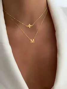 Women's Stainless Steel Layered Necklace Set, Elegant Cross Initial Pendant Design, All-Season Jewelry Accessory, Initial Letter Necklace