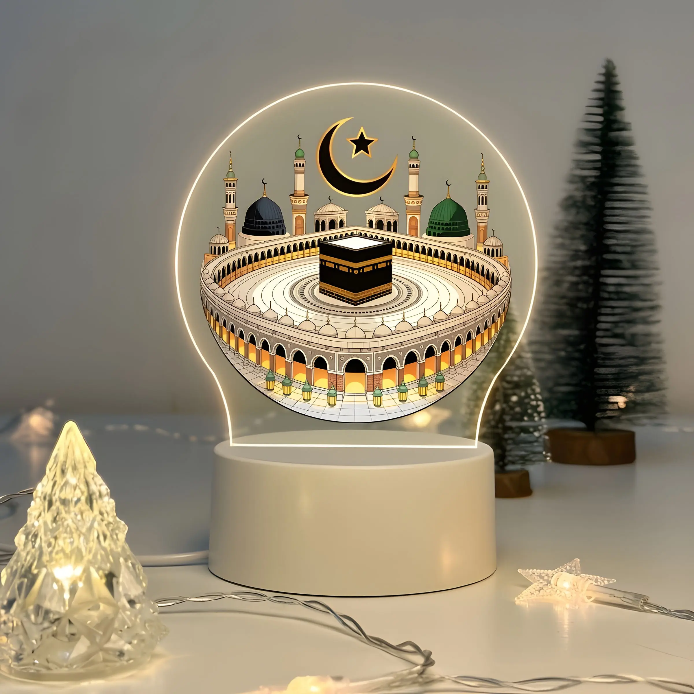 Islamic Muslim Mosque Acrylic Illuminated Night Light, USB Powered LED Energy Saving Lamp, Arab Mecca Temple, Indoor Atmosphere Light, Led Mood Light, Ambient Night Light, Creative Desk Lamp, Decorative Led Light, Led Nightlight