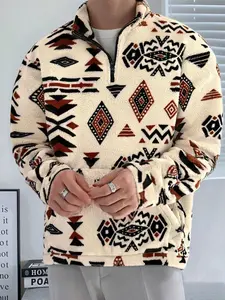 Men's Winter Fleece Lined Long Sleeve Warm Sweatshirt, Vintage Ethnic Geometric Pattern Half Zip Stand Collar, Cozy and Stylish