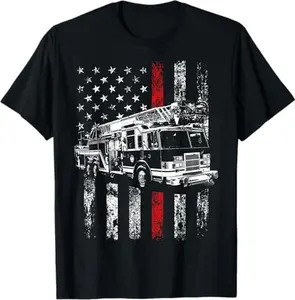 Fire Truck American Flag T-Shirt, Distressed Firefighter Truck Graphic Tee, Patriotic Fire Rescue Shirt for Firefighters & First Responders, Perfect Gift for Firefighter Fans