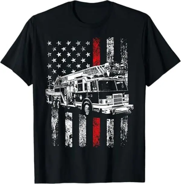 Fire Truck American Flag T-Shirt, Distressed Firefighter Truck Graphic Tee, Patriotic Fire Rescue Shirt for Firefighters & First Responders, Perfect Gift for Firefighter Fans