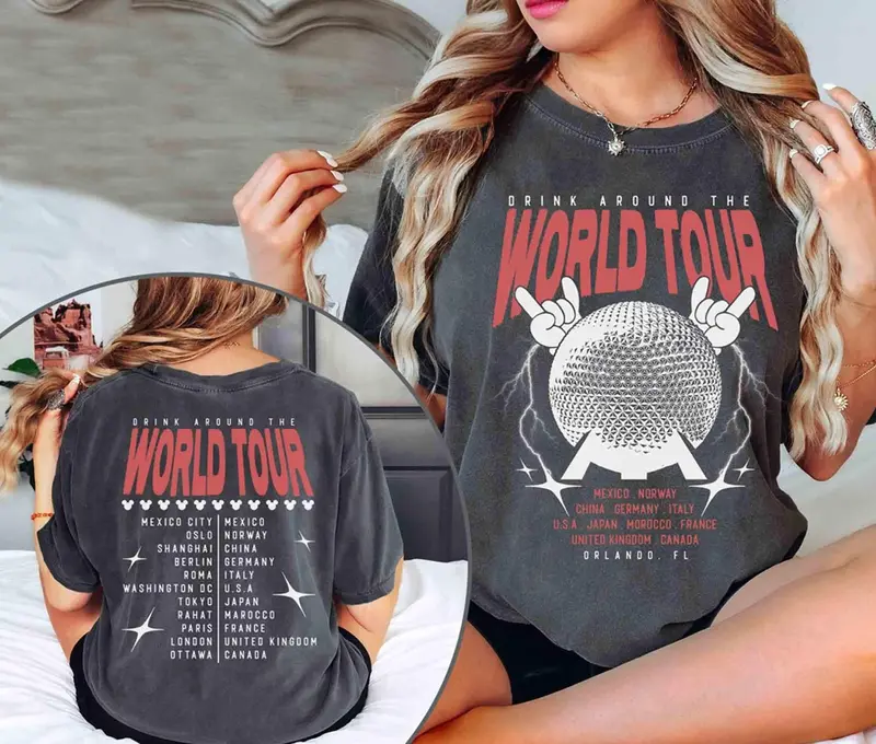 [New Music Merch - Sale Up To 25%] Comfort Colors Epcot World Tour Graphic Tee, Drink Around the World  Shirt, Group Trip Vacation Shirt, Unisex Casual Outfit, Theme Park Fan Gift