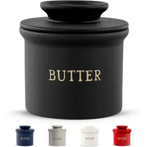 Kook Butter Crock with Lid, Soft Spreadable Butter, Ceramic French Butter Keeper to Leave On Counter with Water Line, Butter Dish, Home and Kitchen Decor, Perfect for Christmas Gift (Black)