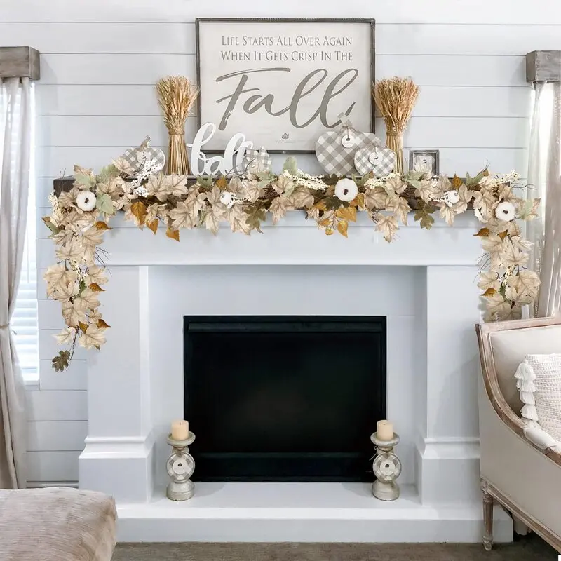 1pcs Hand-Crafted 6ft Long Rustic Faux Maple Leaf Thanksgiving Garland - Handmade Materials Home Decor Ornaments with Artificial Pumpkin, Berries, White Accents - Mantle Styler for Indoors Decorating Over Fireplace, Halloween Decor Piece, Faux Materials