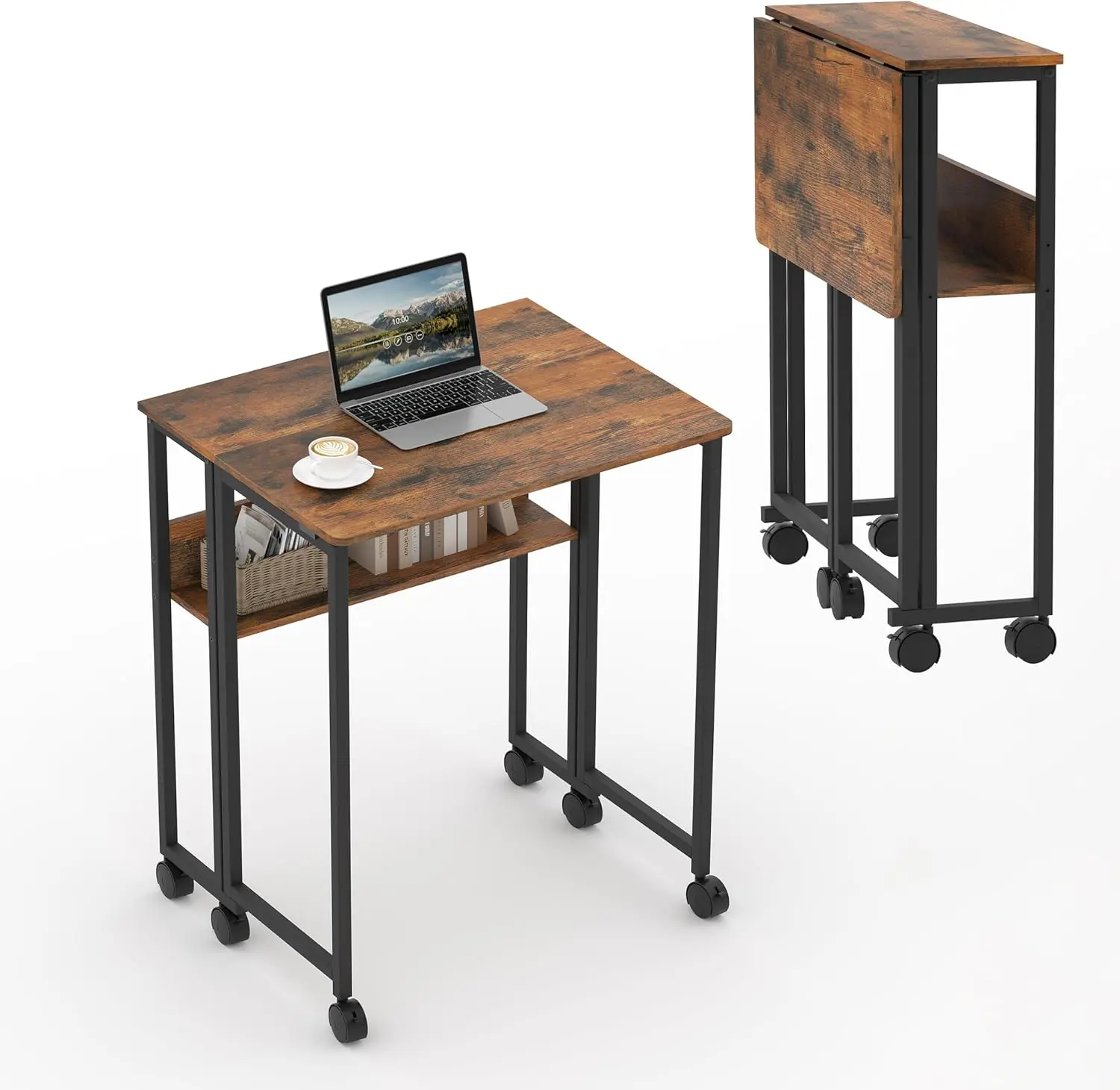 18mm Compact Folding Rolling Desk with Storage Shelf & Wheels - Sturdy Home Office Computer Desk, Portable Laptop Table for Small Spaces, Easy-to-Fold Writing Table
