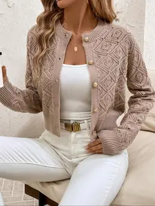 Women's Solid Color  Button Front   Sweater Cardigan, Elegant Casual Long Sleeve Knit Cardigan for Daily Outdoor Wear, Women Knitwear for Fall & Winter, Tops