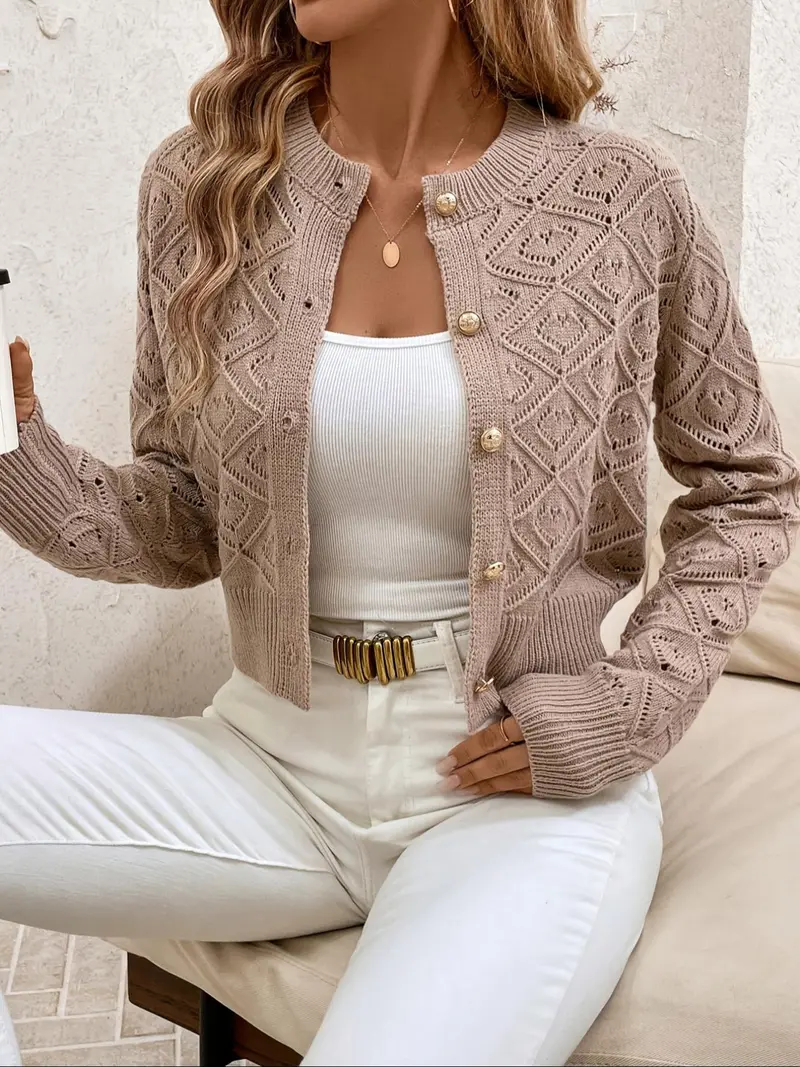 Women's Solid Color  Button Front   Sweater Cardigan, Elegant Casual Long Sleeve Knit Cardigan for Daily Outdoor Wear, Women Knitwear for Fall & Winter, Tops