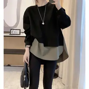 Plus size women's autumn mid size fake two-piece slim fit thin sportswear loose top