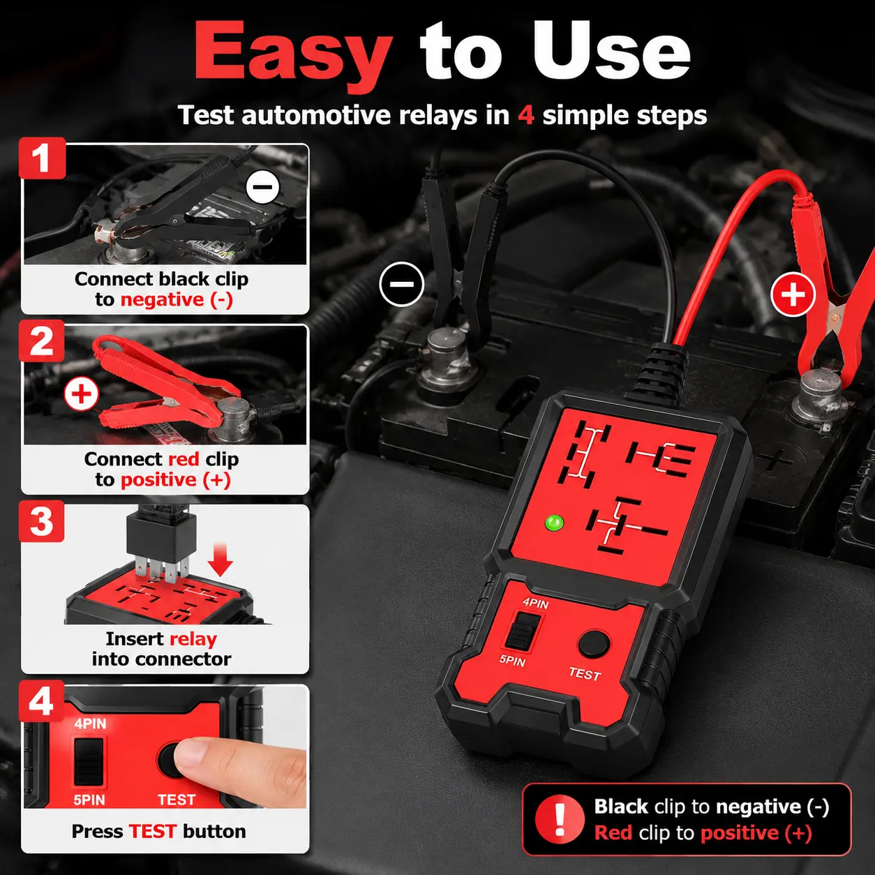 12V Automotive Relay Tester, Car Diagnostic & Repair Tool - Quick Coil & Switch Contact Test, Self-Contained with Instant Results, Green LED Indicates Functional Unit, Works on 4 & 5 Pin Units, Green Led Shows Relay Is Good