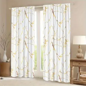 2 Piece Nordic Luxurious Gold Foil Marble Digital Print Curtain Set, Semi-Transparent Indoor Outdoor Drapes for Living Room Bedroom