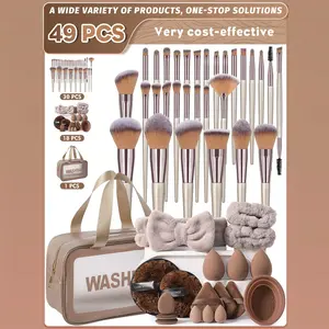 49PCS All-in-One Beauty Essential:30 Ultra-Soft Fiber Makeup Brushes + Waterproof Large-Capacity Toiletry Bag + 3-Piece Waterproof Travel Organizer Set + Practical Detachable Cleaning Bowl + 14PCS Triangular & Oval Velvet Powder Puffs.Travel & Gift-Giving