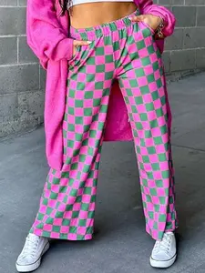 Women's Spring Summer New Checkered Print High-Waisted Straight-Leg Pants, Casual Loose Fit Elastic Waist Long Pants, Ladies Outdoor Sports Bottoms