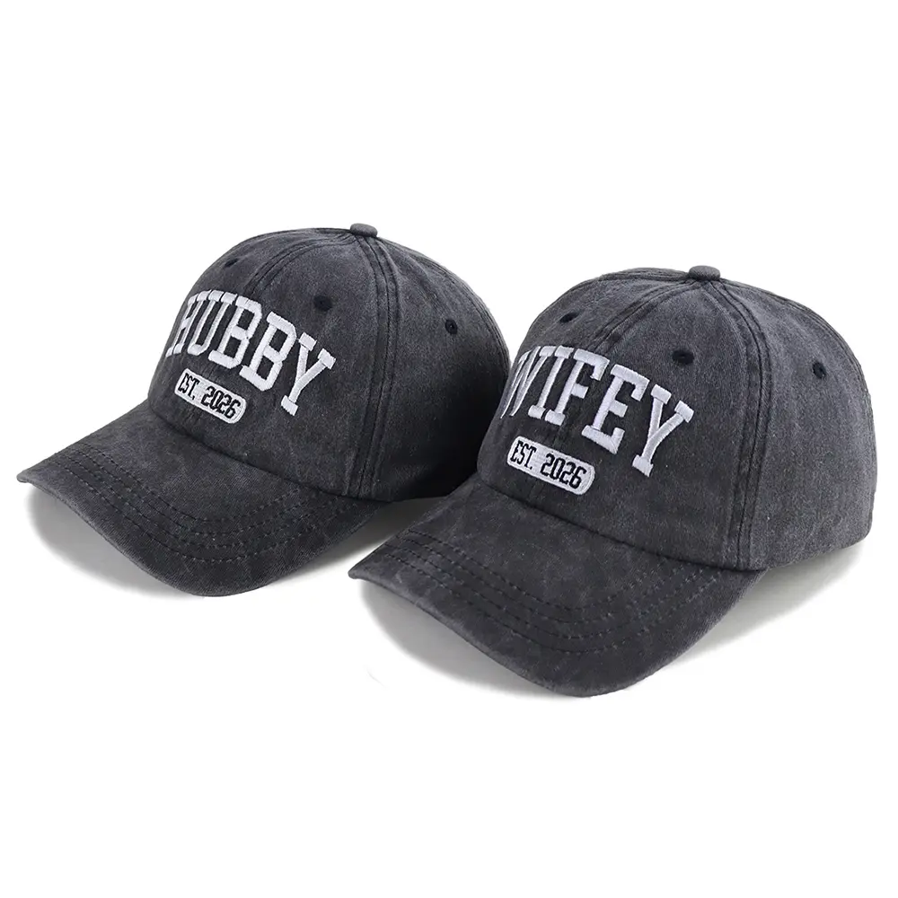 Unisex 2-Pack Fitted Cotton Lettering Print Matching Baseball Caps - Personalization, Text Print, Statement Message Hats, Hand Wash Only, 2026 Newlyweds Bridal Shower Gifts