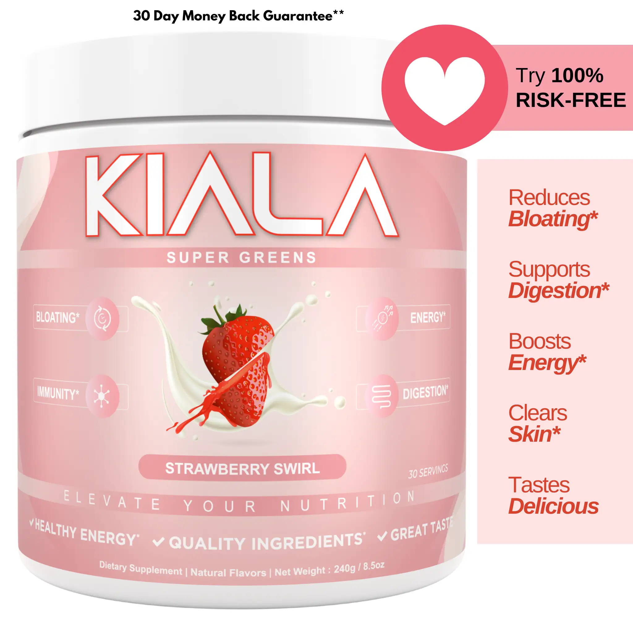 Kiala Nutrition Super Greens Powder - Digestive Health for Women, Bloating Relief, Gut Health, Skin Care, with Spirulina (Strawberry Swirl)