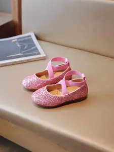 Viral Balletcore Glitter Finish Girls Flats, Cross Strap Mary Jane Princess Shoes, Non-Slip Soft Sole Casual Party Ready Dress Shoes for Toddler Kids