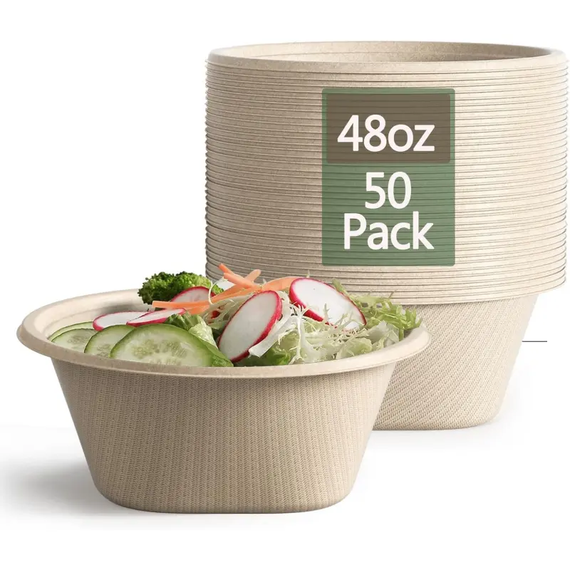 Large Disposable Bowl - Heavy Duty Paper Bowls - Made from Sugarcane and Bamboo Fiber, Microwave Safe - 48 Oz Paper Bowls for Soup, Salad, Ramen, Popcorn, etc. [50/Pack]
