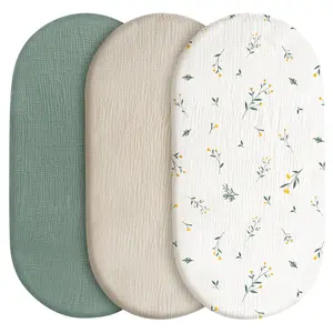 3 Pack Muslin Baby Bassinet Sheets, Changing Diaper Pad, Baby Bedside Oval, Rectangle Pads, Safe for Mouth and Hands, Oeko-Tex 100 Certificated, Fitted Bassinet Sheets