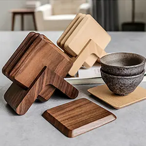 QUAN YI Square Natural Tree Mat Accessory Set With 5 Supports, Heat Resistant And Foldable, Durable High Quality Black Walnut Solid Wood Meal Mat, Suitable For Coffee, Hot Dishes, Pot, Bowl, Teapot, Kitchenware, Tableware, Coaster, Gifts