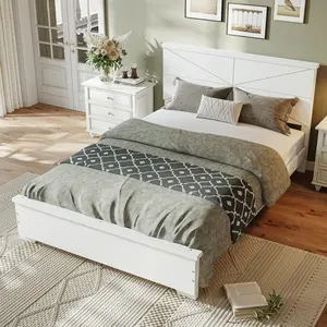 [Bellemave] Bamboo Platform Bed Frame| Modern Headboard| Wood Slats Support| No Box Spring Needed| Easy Assembly| White﻿