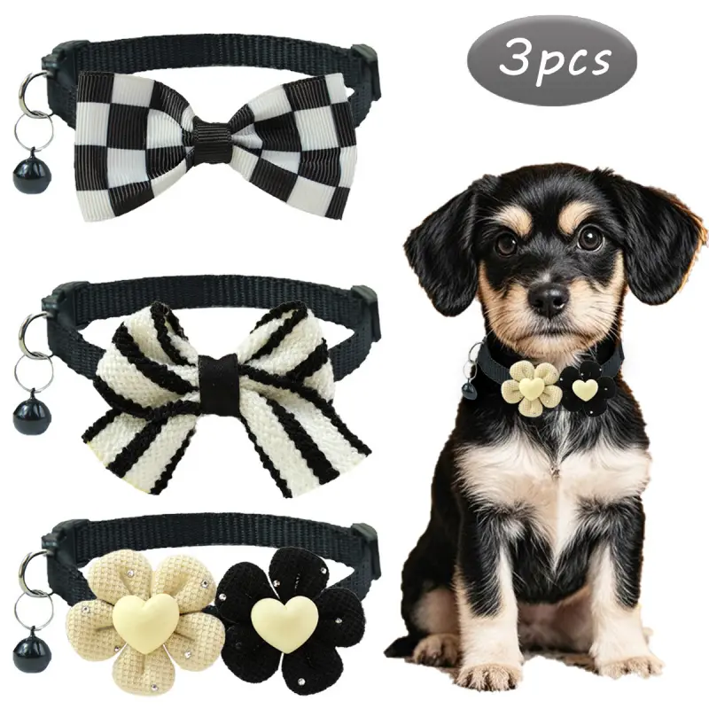 3 Pack Cute Pet Neck Bowties, Checkered Plaid & Striped Collar Charms, Flower & Bell Design Cat Dog Neck Accessories, Adjustable Safety Necklace for Small Puppies Kittens, Pomeranian Accessories