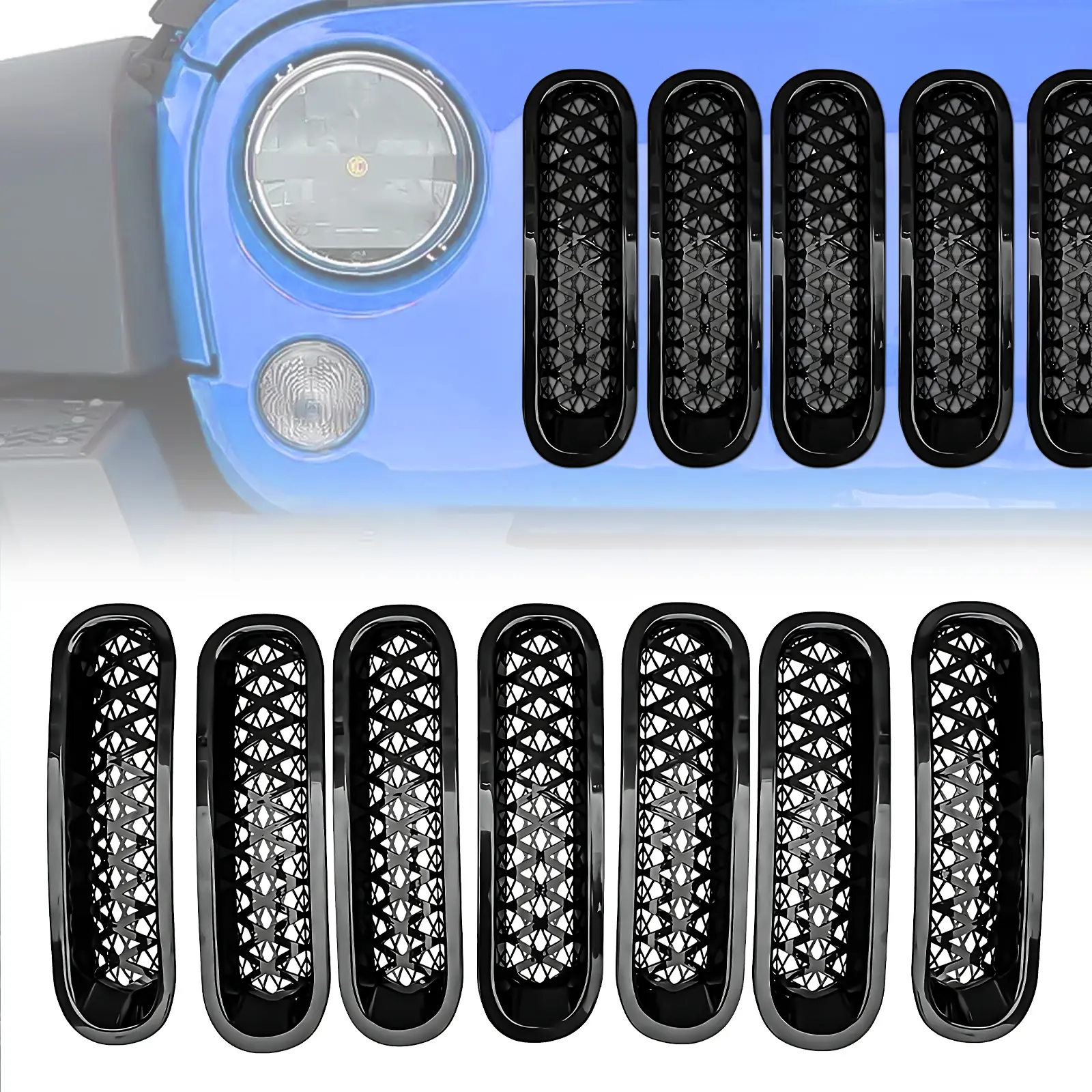 【EYOUHZ】 7 Pieces Matte Black Acrylonitrile Butadienestyrene (ABS) Grille Mesh Inserts, Automotive Car Accessories with Long-Lasting Performance, Easy-Install Debris Shield for 2007-2018 Jeep JK Wrangler & Unlimited
