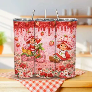 Strawberry Shortcake Drizzle 20oz Tumbler with Adorable Strawberry Character Design and Pink Floral Pattern