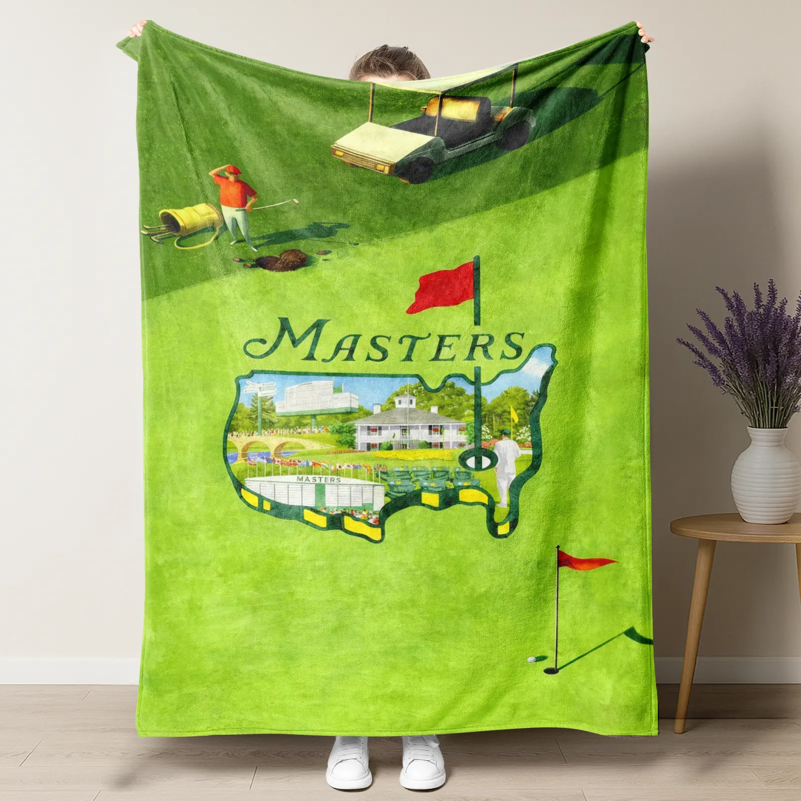 Masters Golf Tournament Blanket – Vintage Augusta National Course Design Featuring Iconic Course Scenery & Red Flag Elements, Perfect for Golf Enthusiasts