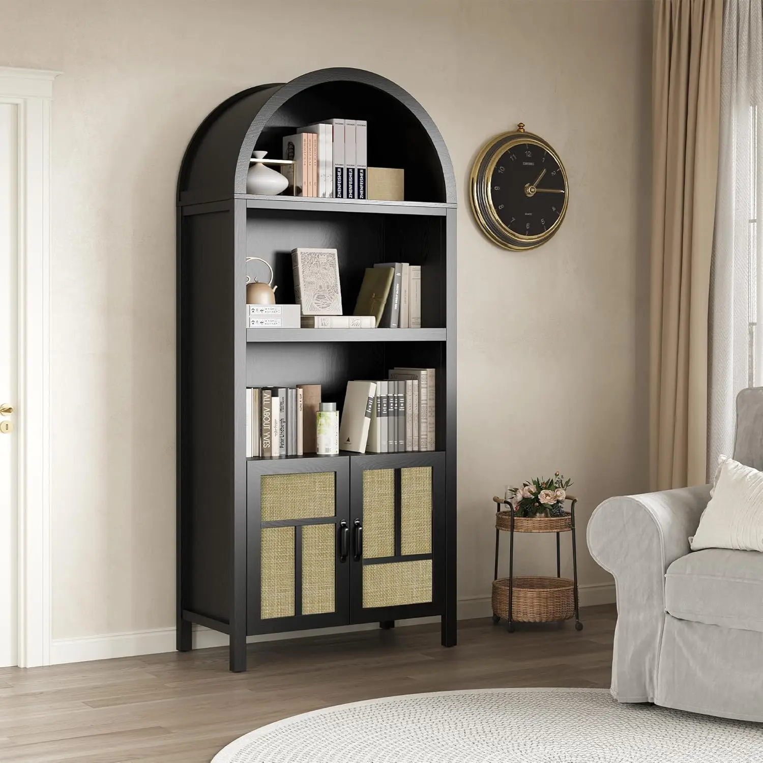 RoyalCraft Tall Arched Storage Cabinet with Rattan Door, 5-Tier Arched Kitchen Pantry with Adjustable Shelves, Black Bookshelf Bookcase Curio Display Cabinet Cupboard for Kitchen, Living Room